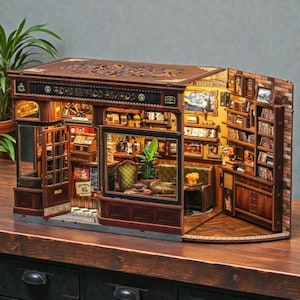 Corner Coffee Shop DIY Book Nook Kit, Miniature Coffee Bar Diorama, 3D Wooden Puzzle Dollhouse with LED Light, Cozy Bookshelf Decor Gift