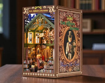 DIY Cat Affairs Bureau Book Nook Kit, 3D Wooden Puzzle Diorama, Lighted Bookshelf Insert