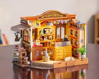 Fluffy Pets DIY Miniature House Kit, Rolife 3D Wooden Puzzle, Mini Pet Shop Dollhouse with LED, Cute Animal Craft Kit, Gift