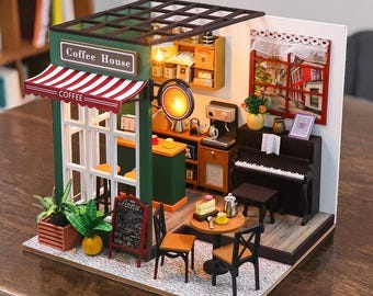 Rolife DIY Miniature Coffee House Kit 3D Wooden Puzzle, Cozy Cafe Dollhouse with LED Light & Piano, Book Nook Shelf Decor
