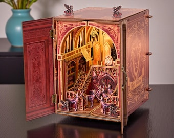 Rolife Magic Castle Library DIY Dollhouse Kit, 3D Wooden Puzzle Book Nook, Fantasy Miniature House with LED Lights, Medieval Library Decor