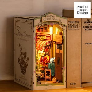 Miniature DIY Book Nook Kit Floral Corner Dollhouse Model Set Craft Kit for Adults DIY Mini Diorama Room Build Your Own Book Nook Decor