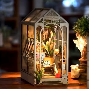DIY Miniature Book Nook Kit Garden House Diorama with LED Lights DIY Miniature House Bookend Miniature World Decor Gift For Book Lovers