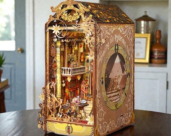 Rolife Égyptien ancien coin livre maison miniature kit bricolage, puzzle 3D en bois, étagère pour livre fantaisie, décoration LED maison de poupée
