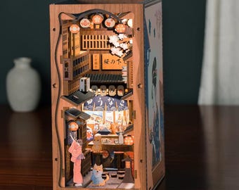Rolife Japanese Book Nook Kit, DIY Miniature House, 3D Wooden Puzzle, LED Bookshelf Insert, Japanese Street Scene Decor Gift