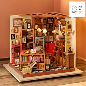 DIY Miniature Library Kit Dollhouse Model Set with Furniture Build Your Own Mini Diorama Room Craft Kit for Adults and Hobbyists Book Lovers