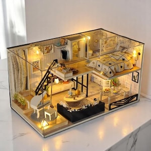 Modern DIY Miniature House Kit with LED Lights, Diorama Dollhouse Craft Kit, Mini Room Decor, Handmade Gift for Adults & Teens