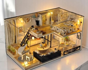 Modern DIY Miniature House Kit: Two-Story Loft with LED Lights