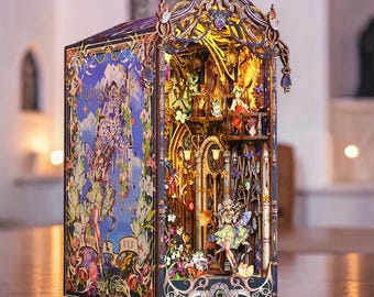 Kit de rincón de lectura para casa de hadas Rolife, miniatura DIY, casa de muñecas de rompecabezas de madera 3D, inserto de estante de rincón de lectura de fantasía con LED, decoración de habitación de hadas encantada