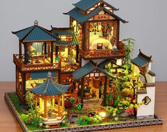 DIY Chinese Villa Dollhouse Kit with LED Lights, 3D Wooden Puzzle Rolife, Miniature Oriental House Model, Cottagecore Home Decor Gift