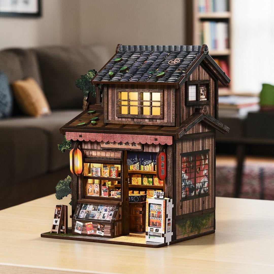 Cjeuxnr Kit de maison de poupée miniature à faire soi-même, maison de poupée japonaise en bois, petite maison de poupée avec meubles, jouet puzzle pour cadeaux créatifs (boutique japonaise