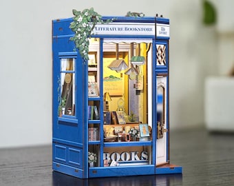 Rolife Miniature Literature Bookstore Kit, DIY Bookshop, 3D Wooden Puzzle, Miniature House, Book Lover Gift, Library Decor