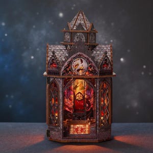Puede incluir: Una detallada miniatura iluminada de una catedral gótica con un diseño de dragón y nudo celta. La estructura presenta vidrieras en tonos rojos y naranjas, y está hecha de materiales grises y marrones.