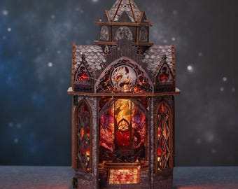 DIY Gothic Dragon Castle Book Nook Kit, Dark Fantasy Library Rolife Diorama, 3D Wooden Puzzle Shelf Insert, Enchanted Dragon Bookend Decor