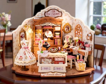 Rolife Miniature Tailor Shop DIY Dollhouse Kit, 3D Wooden Puzzle Sewing Studio, Vintage Dressmaker Mini House, LED Miniature Room Decor