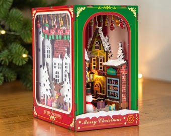 Christmas DIY Miniature House Kit, 3D Wooden Puzzle, LED Christmas Village, Miniature Gift Shop, Bookshelf Decor, Holiday Craft Gift