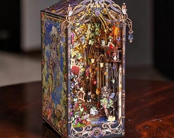 Rolife DIY Fantasy Book Nook Kit 3D Wooden Puzzle, Magic Library Diorama with LED Lights, Miniature Dollhouse Shelf Insert, Fairy Tale Decor