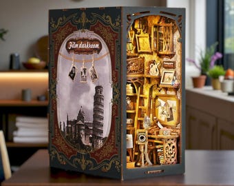 Rolife Vintage Film Darkroom DIY Miniature House Kit, 3D Wooden Puzzle Book Nook, Retro Photography Studio Miniature, LED Dollhouse Decor