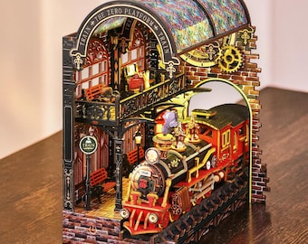 Rolife DIY Train Station Book Nook Kit 3D Wooden Puzzle, Vintage Steam Train Diorama with LED Lights, Bookshelf Insert Decor, Miniature Gift