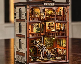 Rolife DIY Miniature Museum Book Nook Kit, 3D Wooden Puzzle Dollhouse, Dinosaur Fossil Display Shelf Insert, LED Library Decor