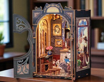 Cat Study Book Nook Kit, DIY Miniature Bookshelf Insert with LED Lights, Wooden 3D Book Nook Decor, Cozy Library Diorama