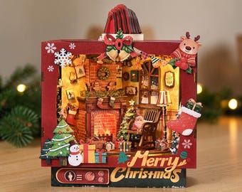 Christmas DIY Miniature House Kit, 3D Wooden Puzzle, LED Miniature Room, Christmas Bookshelf Decor, Holiday Craft Kit, Gift for DIY Lovers