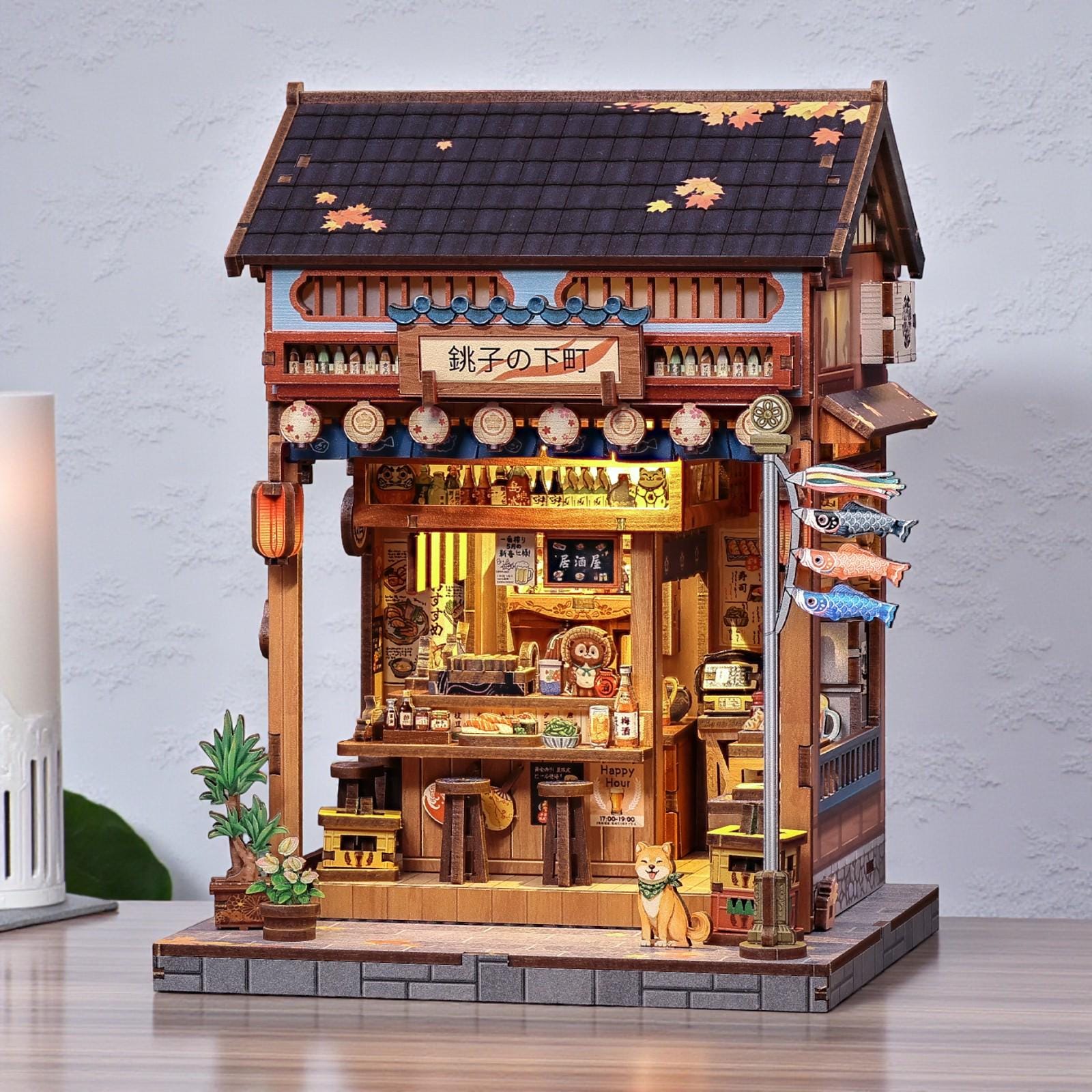 Japanese Izakaya DIY Dollhouse Kit, 3D Wooden Puzzle Diorama Book