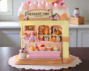Rolife Miniature Dessert Shop DIY Dollhouse Kit, 3D Wooden Puzzle Cake Bakery House, Cute Pink Pastry Café Miniature, LED Mini House Decor