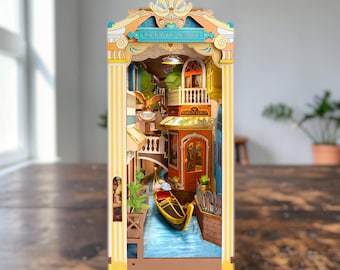 Venice Canal Book Nook Kit, Rolife Inspired 3D Wooden Puzzle, DIY Miniature Book Nook Shelf Insert, Romantic Venice Diorama, LED Book Nook