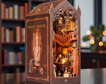 Rolife Inspired Magic Library DIY Miniature House Kit, 3D Wooden Puzzle Book Nook, Fantasy Library Dollhouse, LED Bookshelf Decor, DIY Gift
