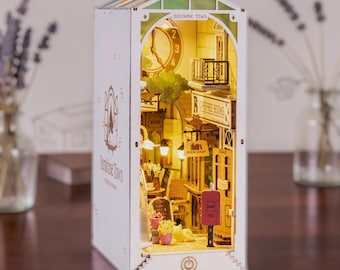 Rolife Sunshine Town Book Nook Kit, DIY Miniature House Kit, 3D Wooden Puzzle with LED Light, Mini Street Scene Bookshelf Insert Gift