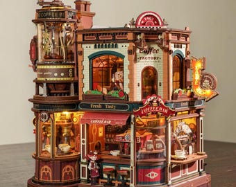 Rolife Coffee Factory Miniature House Kit, DIY 3D Wooden Puzzle Coffee Shop, Diorama LED Dollhouse, Coffee Bar Scene Desk Decor Gift