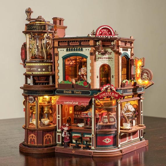 Rolife Coffee Factory Miniature House Kit, DIY 3D Wooden Puzzle