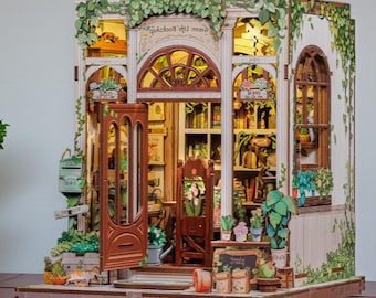 Green Life Bookshop DIY Book Nook Kit with LED Light, Cozy Plant Shop Rolife, Miniature House, 3D Wooden Puzzle Bookshelf Decor