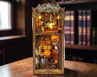 Magical Library DIY Book Nook Kit, 3D Wooden Puzzle Miniature House, LED Bookshelf Insert, Miniature Bookstore Decor, Gift for Book Lovers