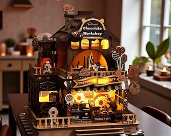 Rolife Inspired Steampunk Coffee House DIY Miniature Kit, 3D Wooden Puzzle Dollhouse, Vintage Cafe Model with LED Lights, DIY Building