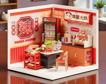 Rolife Miniature Panda Hotpot Shop DIY Dollhouse Kit, 3D Wooden Puzzle Mini Restaurant, Cute Asian Food Miniature House, LED Dollhouse Kit