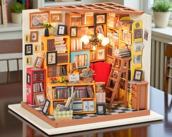 Rolife Cozy Mini Library DIY Miniature House Kit, 3D Wooden Puzzle Dollhouse, Tiny Bookshop Room Miniature, LED Desk Decor, Book Lover Gift