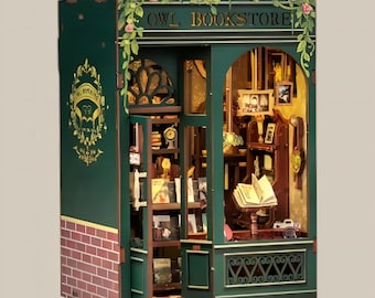Small Wooden Owl Bookstore DIY Miniature Book Nook Kit – Craft Bookshelf Insert Scene, Cute Home Décor Gift for Friends, Girlfriend & Family
