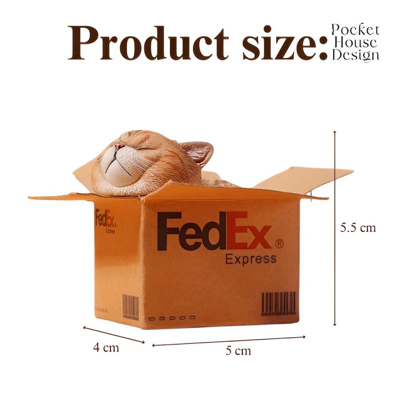 May include: A small cardboard box with the FedEx logo and "Express" printed on it. A sleeping orange cat figurine is inside the box. The box measures 5.5 cm tall, 5 cm wide, and 4 cm deep.