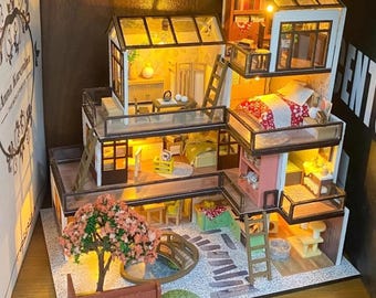 DIY Chinese Miniature Dollhouse Kit: 3D Wooden Dream Town Model with Lights, Reading Corner Decor
