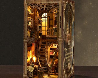 DIY-bokskrokssats, forntida 3D-bokhyllinsats | Miniatyrdioramascen, 3D-träpussel för bokälskare, bokhylledekor, bokstödssats