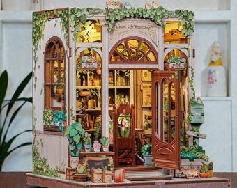 Rolife Green Life Bookshop DIY Miniature House Kit, 3D Wooden Puzzle Book Nook, Miniature Bookstore Dollhouse, LED DIY Room Decor