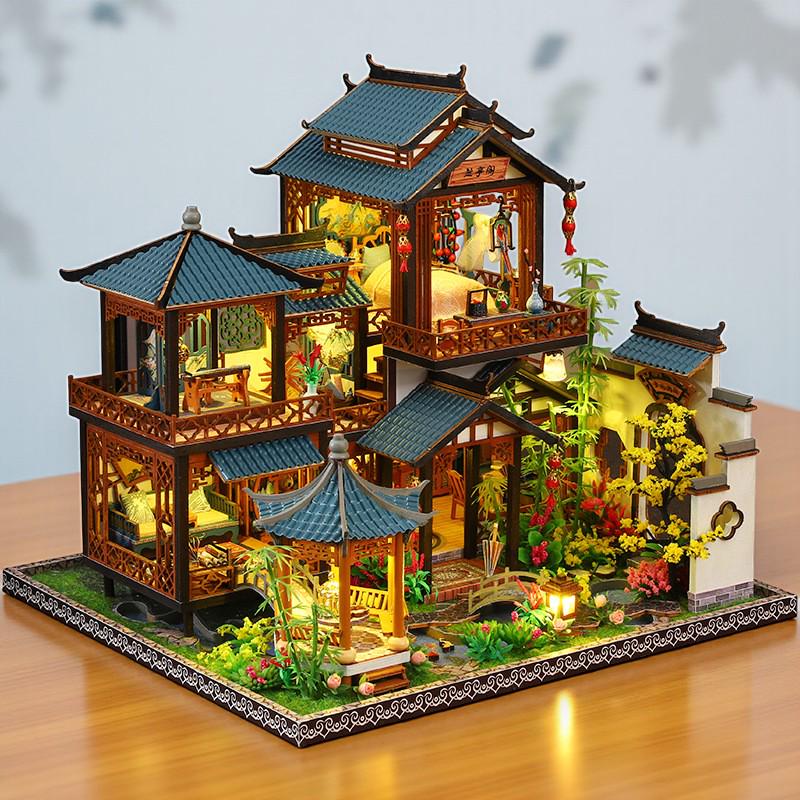 DIY Chinese Villa Dollhouse Kit With LED Lights, 3D Wooden Puzzle