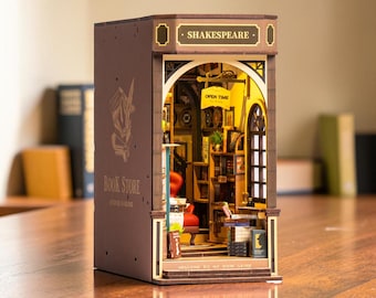 DIY Book Nook Kit, Shakespeare Miniature Bookstore, 3D Wooden Puzzle, LED Bookshelf Insert, Miniature Library, Book Lover Gift