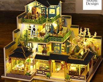 DIY Japanese Villa Miniature House Kit, 1:24 Scale Wooden Dollhouse with Lights, Reading Corner Decor