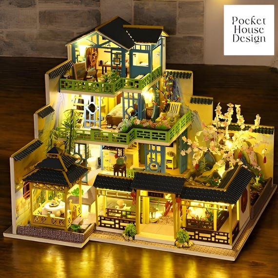 DIY Japanese Villa Miniature House Kit, 1:24 Scale Wooden Dollhouse with Lights, Reading Corner Decor