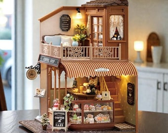 Rolife Miniature Coffee Shop DIY Dollhouse Kit, 3D Wooden Puzzle Mini House, Cozy Café Book Nook, LED Miniature House Kit, Handmade Gift