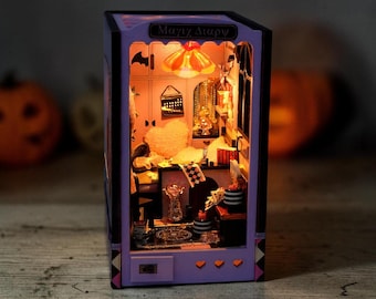 Halloween miniatuurkamer doe-het-zelfpakket, 3D houten puzzel, paarse heksenkamer poppenhuis, griezelig miniatuurhuis, LED kamerdecoratie, doe-het-zelf cadeau