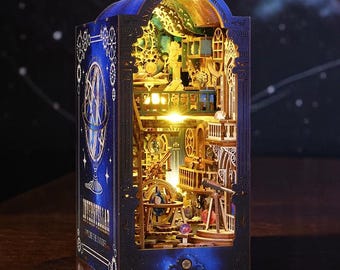 Rolife DIY Magic Observatory Book Nook Kit 3D Wooden Puzzle, Astronomical Library Diorama with LED Lights, Bookshelf Insert Decor